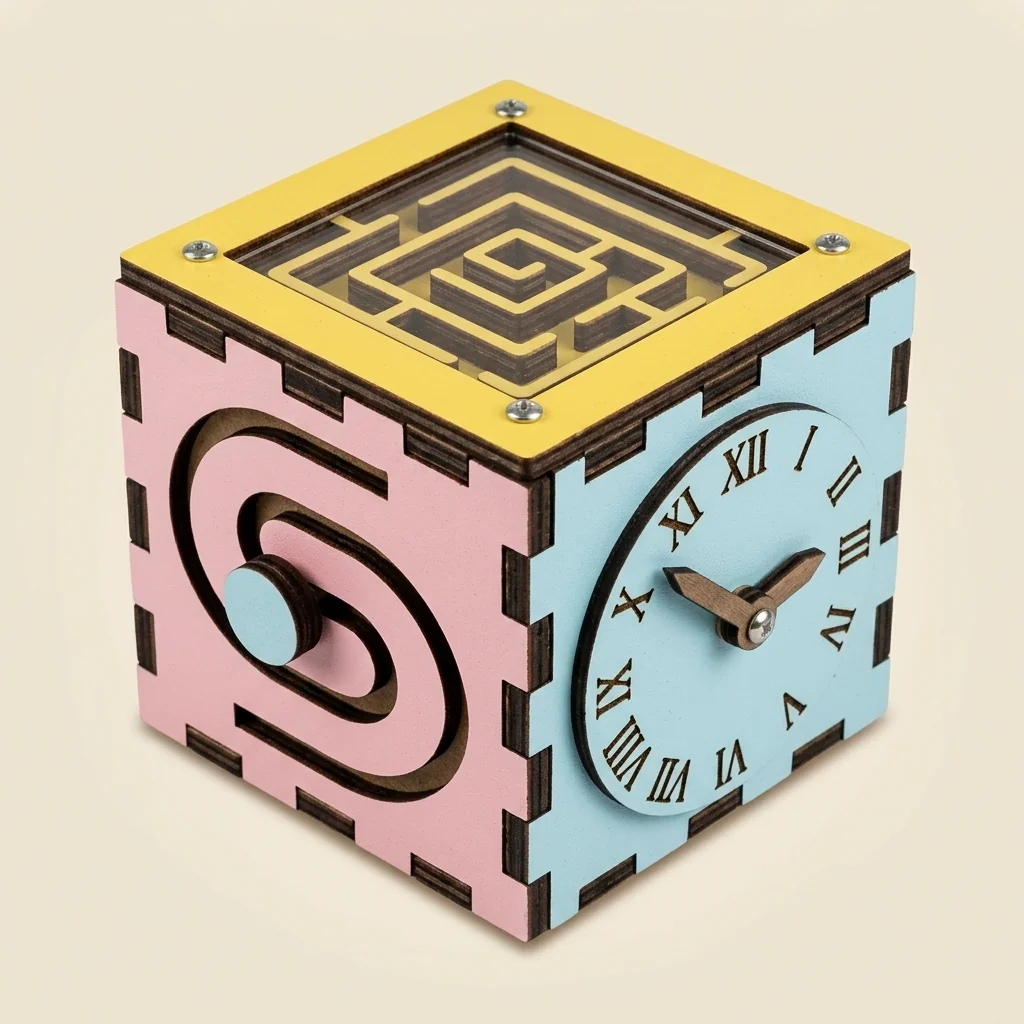 Cubo de actividades Montessori con laberinto y reloj