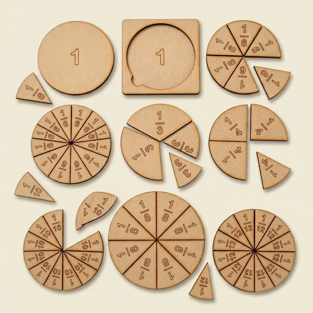 Set Montessori de fracciones con círculos y cuadrados